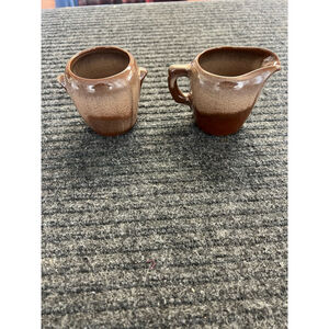 Vintage Frankoma Pottery Creamer and Sugar Set No Lid Brown Tan Ceramic EUC